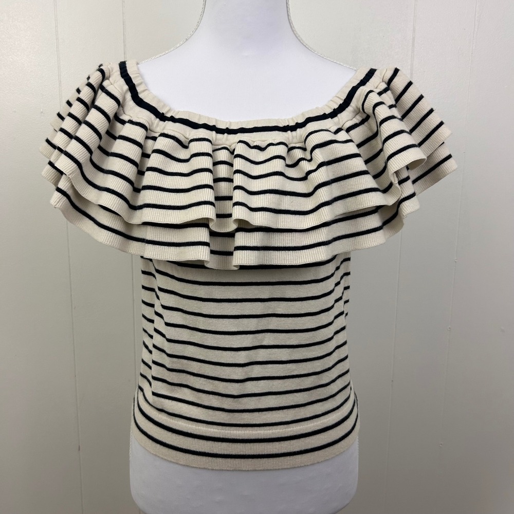 J. Crew Women Ivory Navy Blue Striped‎ Ruffle Off-the-Shoulder Knit Top Small